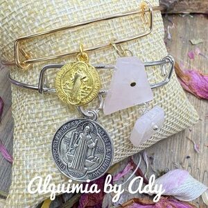 Saint Benedict medal and and Pink quartz bangle Bracelet